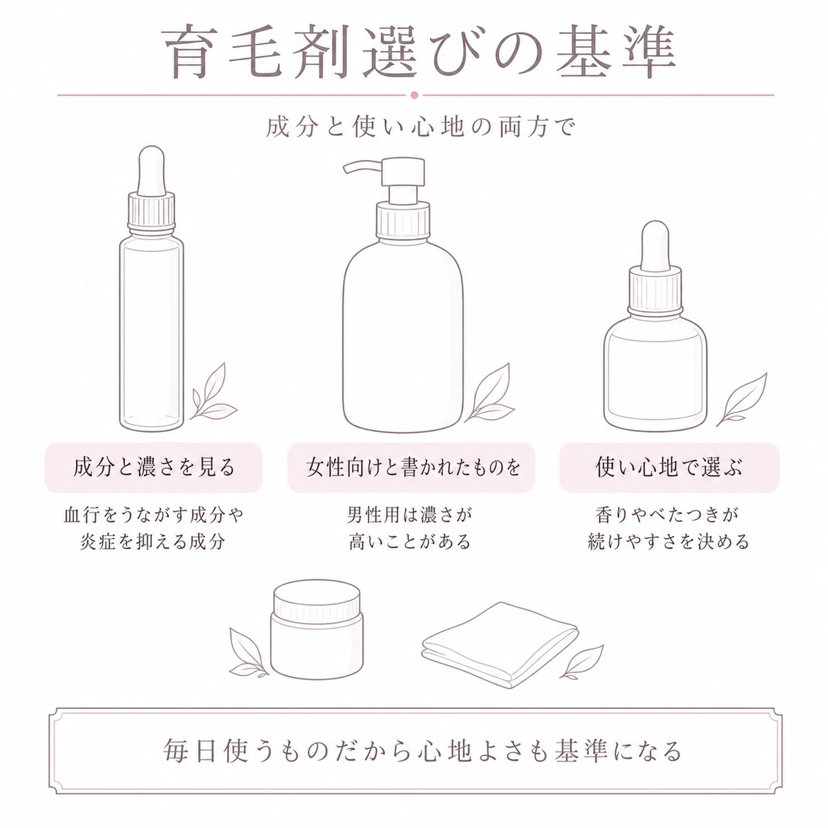 三本の容器を並べて育毛剤選びの基準を描き分けた線画イラスト