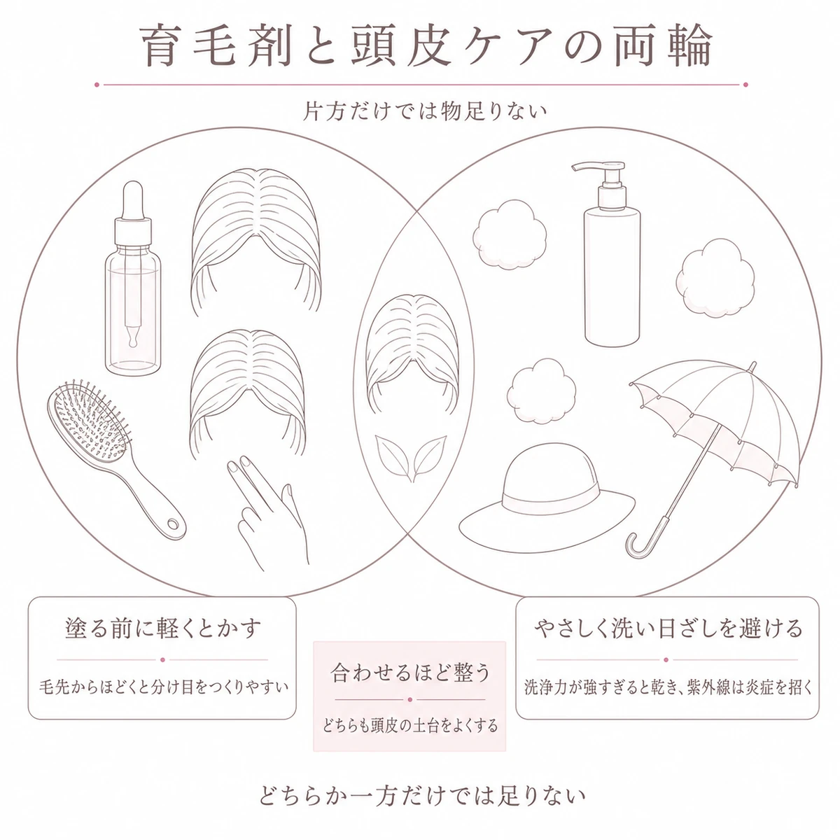 育毛剤のケアと頭皮ケアを重なる二つの輪で描いた線画イラスト