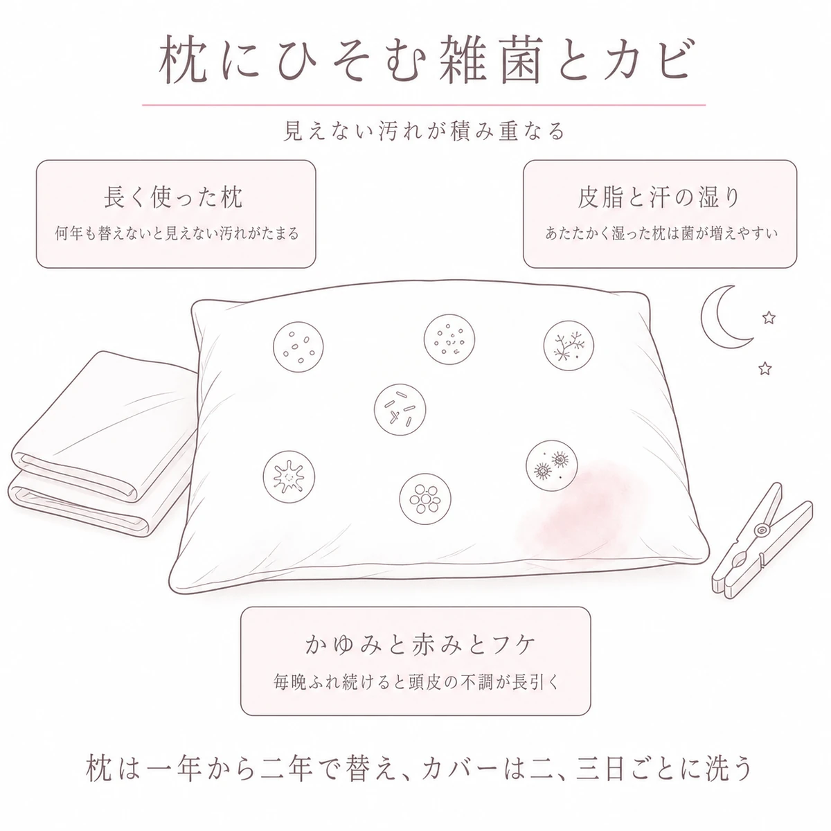 使い続けた枕にたまる皮脂と汗が雑菌やカビを増やし、頭皮の不調につながることを枕を中心に表した図解イラスト