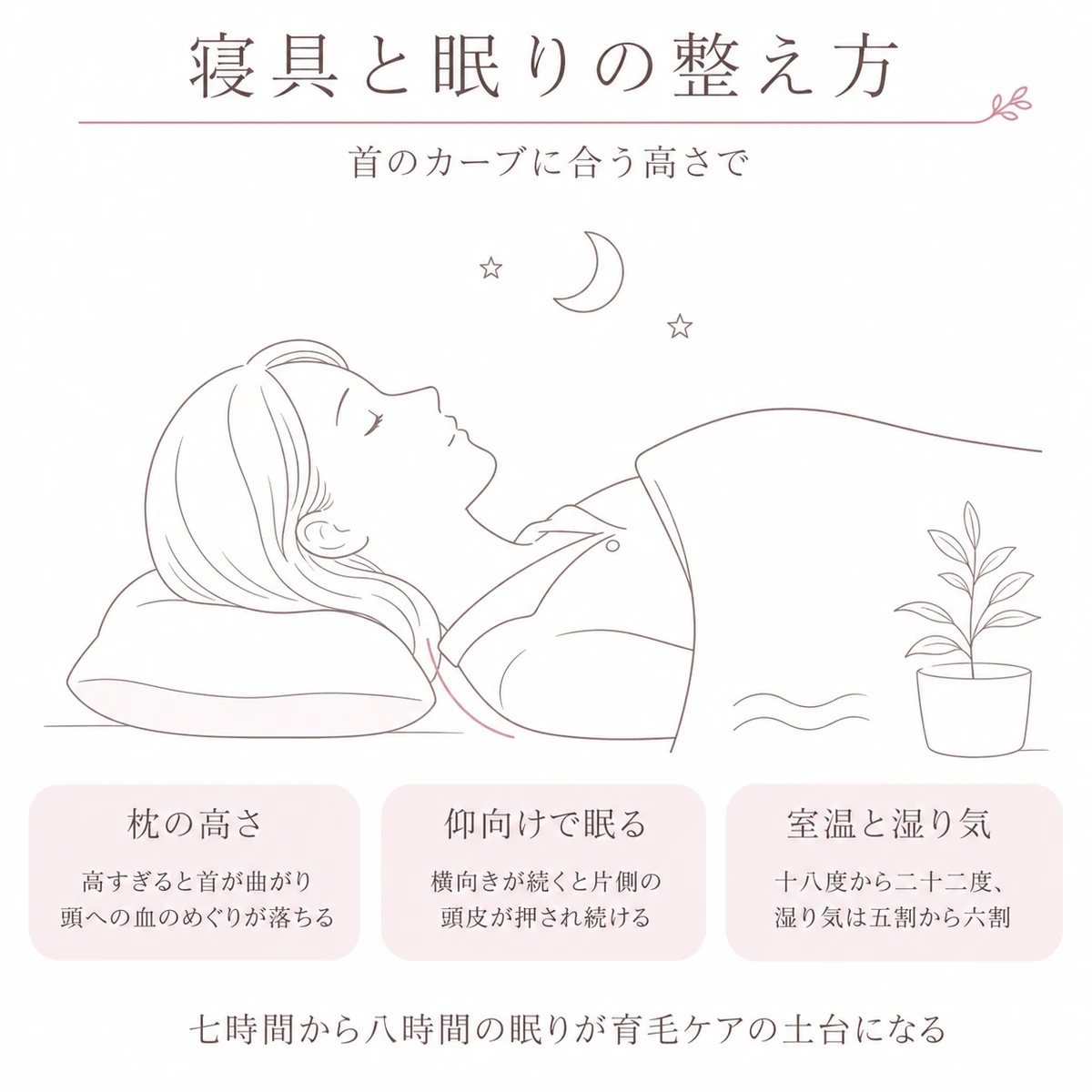 仰向けで眠る姿勢を中心に、枕の高さと寝室の温度や湿度、眠りの長さを添えた大きな一枚の図解イラスト
