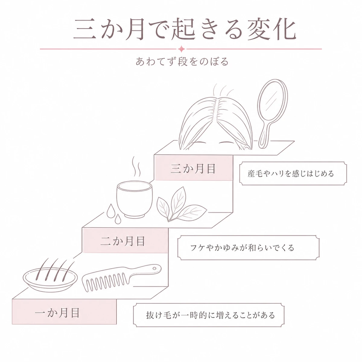 一か月目から三か月目までの変化を三段の階段で描いた線画イラスト