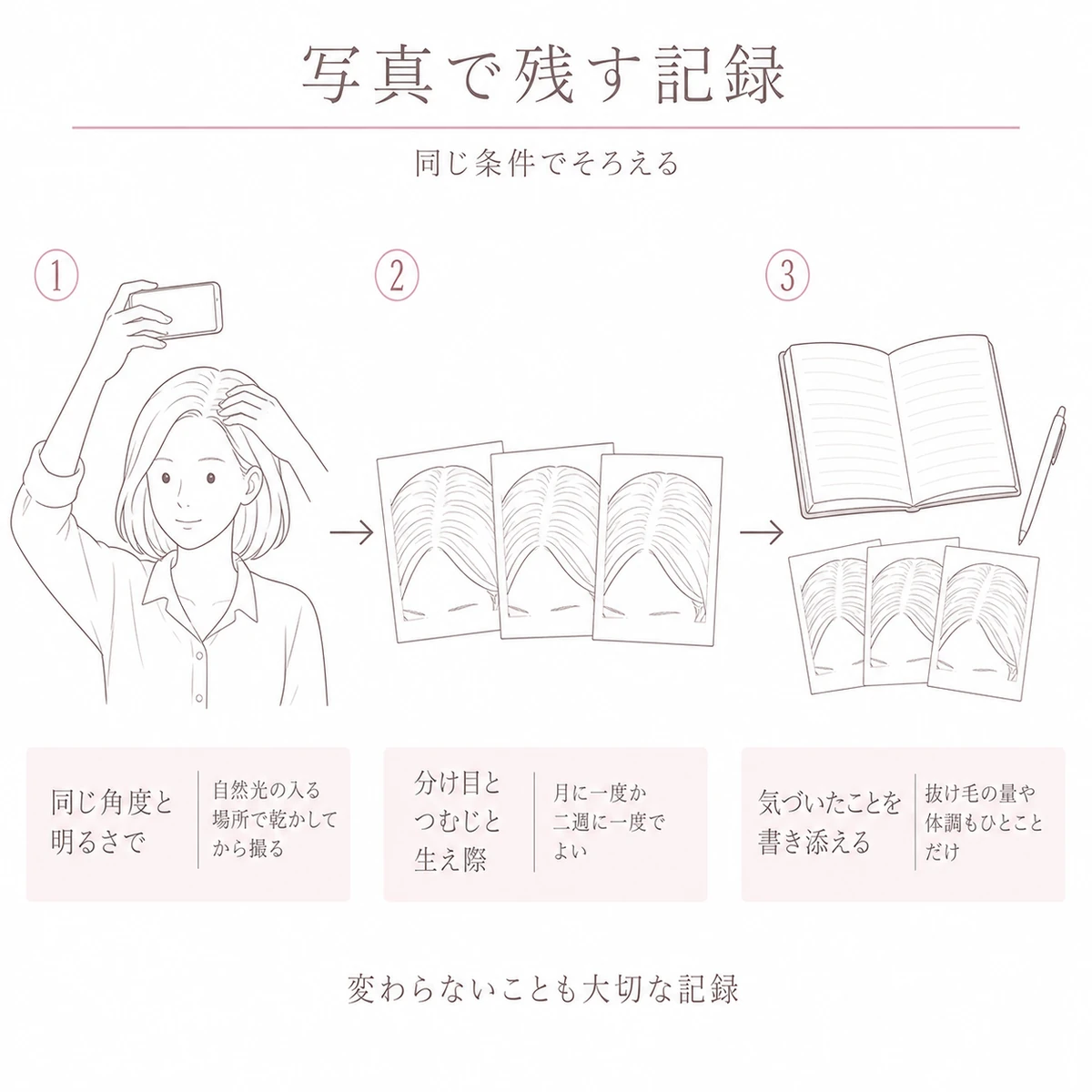 頭頂部を撮って写真を並べ気づきを書き添える三手順の線画イラスト