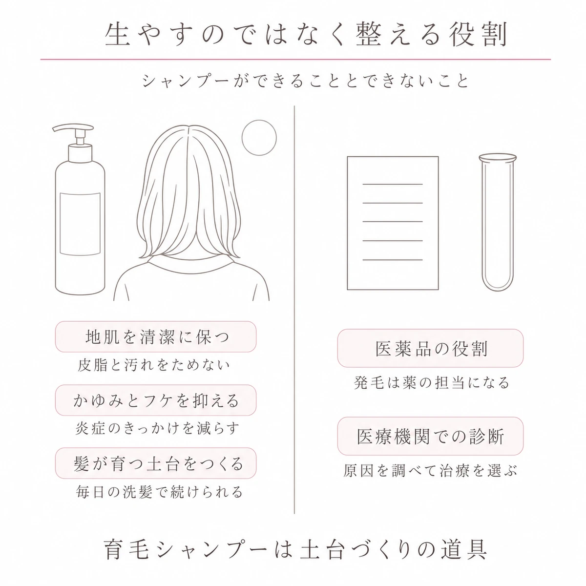 育毛シャンプーにできることと医療にゆだねる範囲を左右に分けて並べた線画イラスト