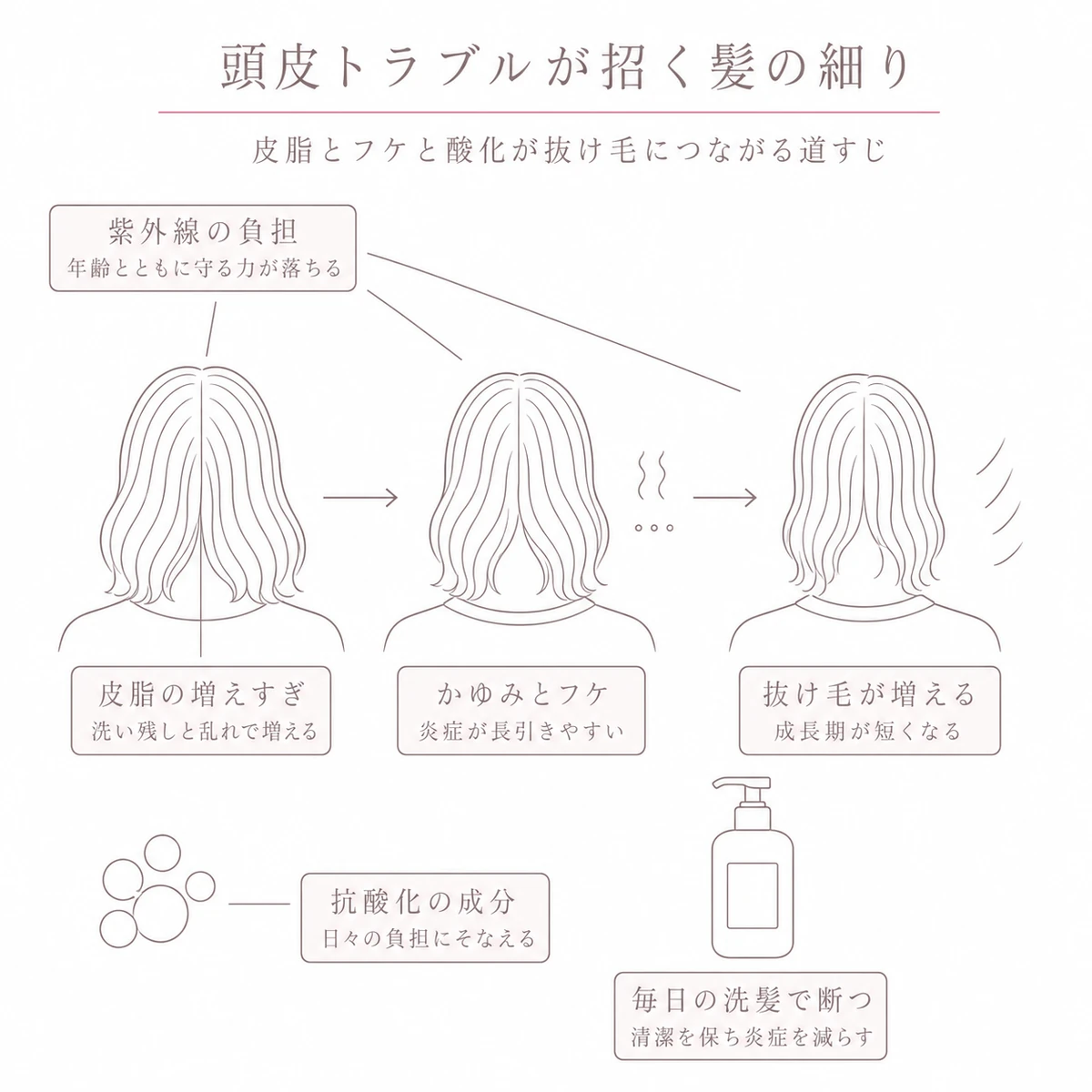 皮脂の増えすぎからフケと炎症を経て抜け毛が増えるまでを左から右へ追う線画イラスト