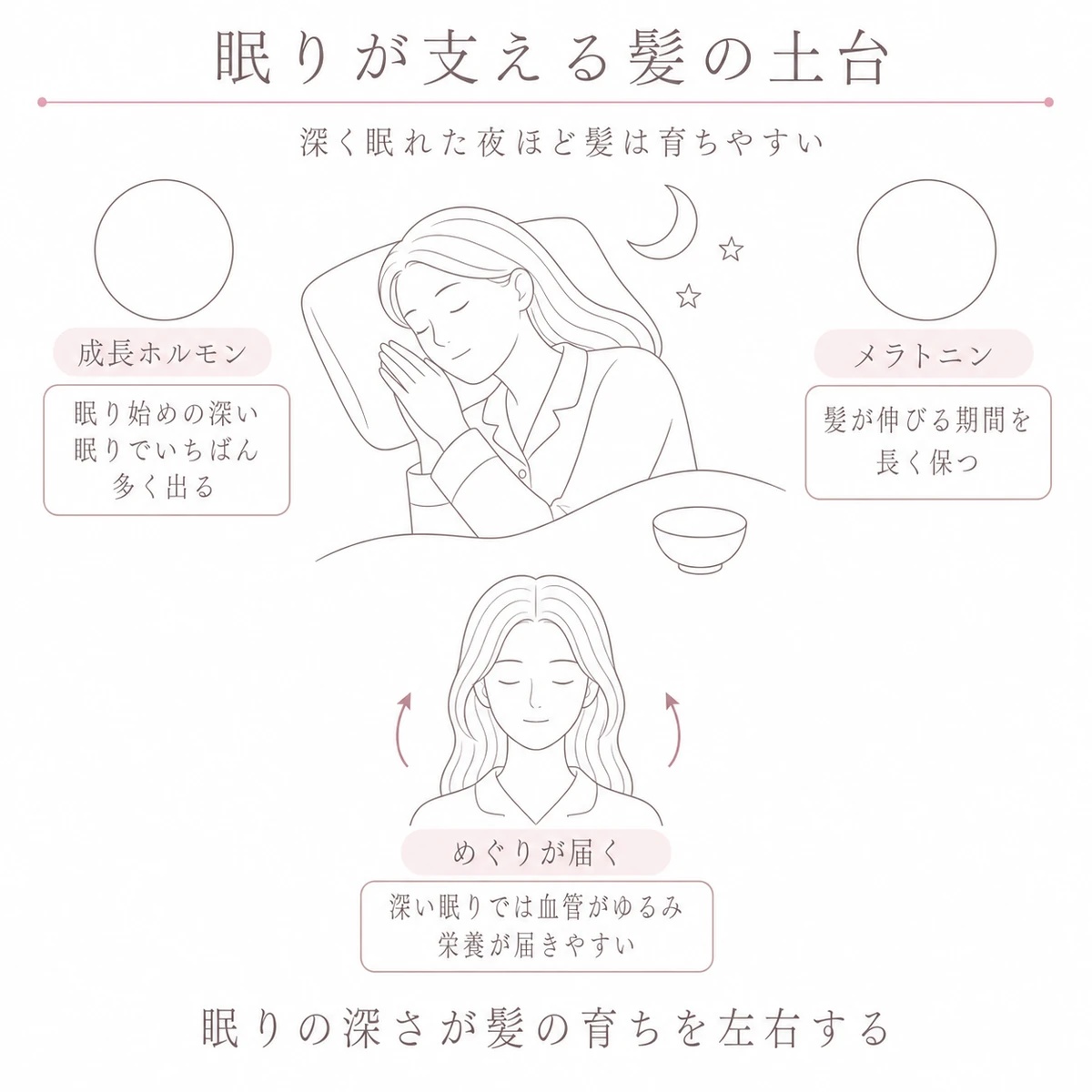 眠っている間に髪の成長を支える三つの働きを表したイラスト