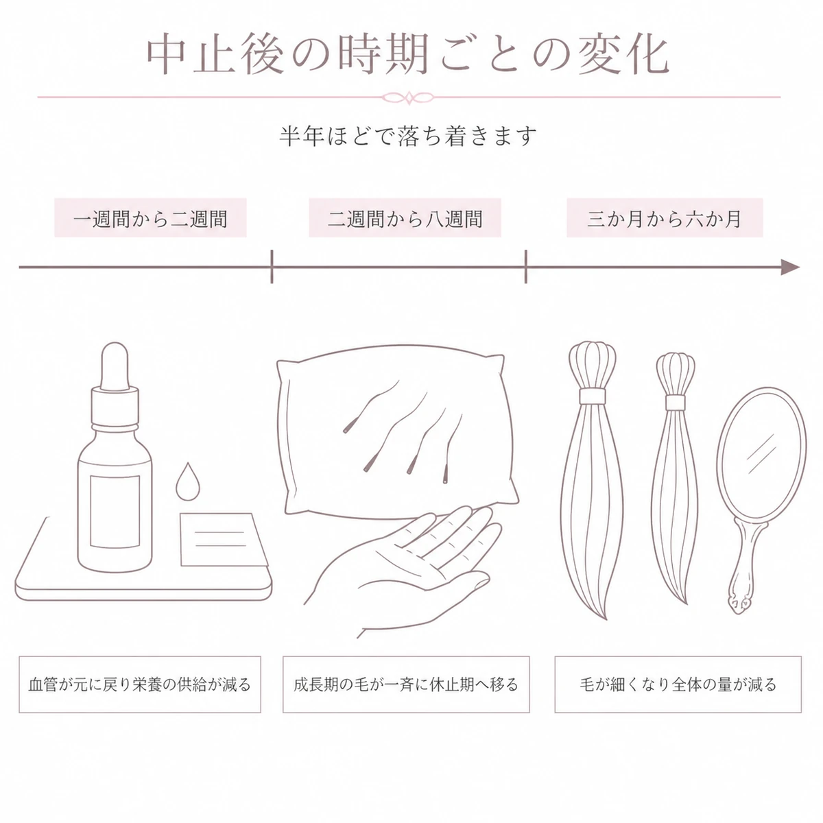 育毛剤をやめた直後から半年までの髪の変化を時期ごとに区切って並べたイラスト