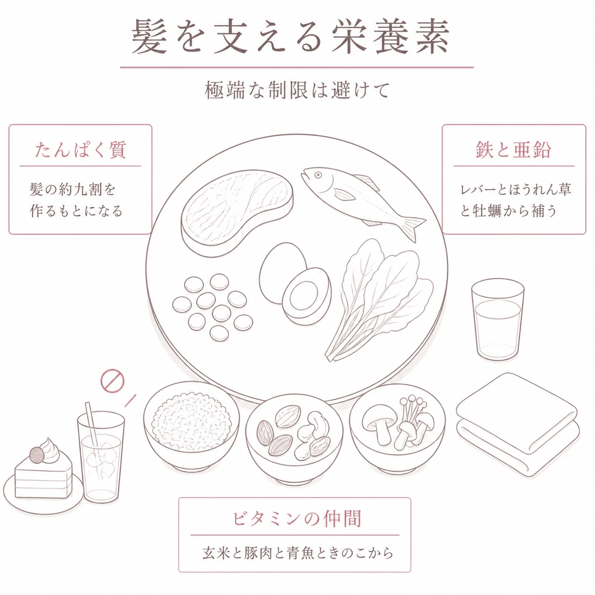 たんぱく質や鉄や亜鉛やビタミンを含む食事と避けたい食習慣を皿とカードで表したイラスト