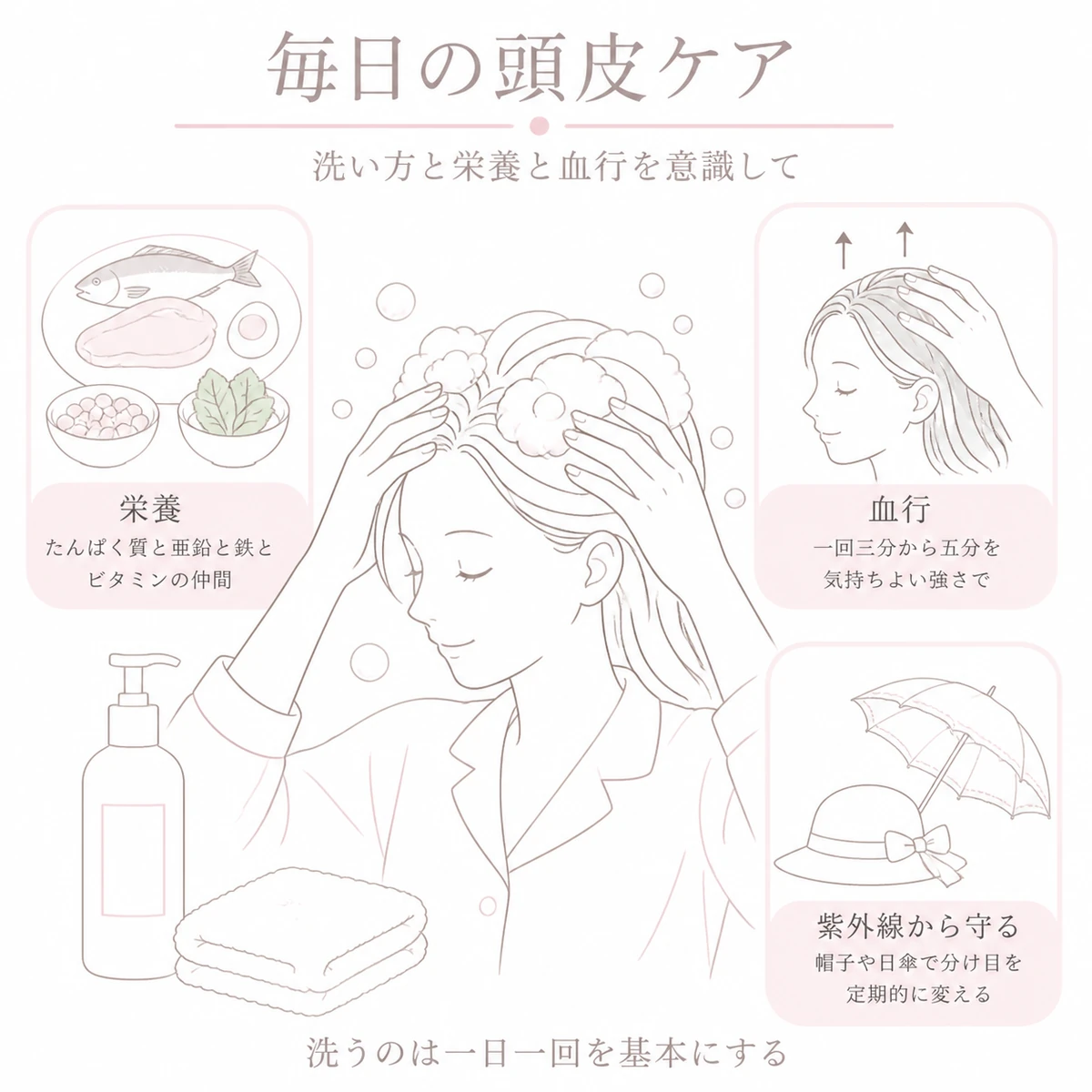 育毛剤以外で現状維持を支える洗髪と栄養と血行と紫外線対策を中央と周囲に配したイラスト