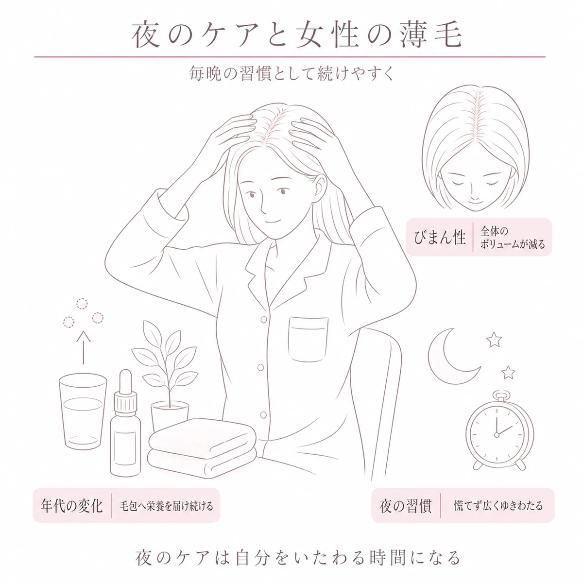 夜の育毛ケアを中心に、びまん性の薄毛と年代ごとの変化を周囲に添えた図解イラスト