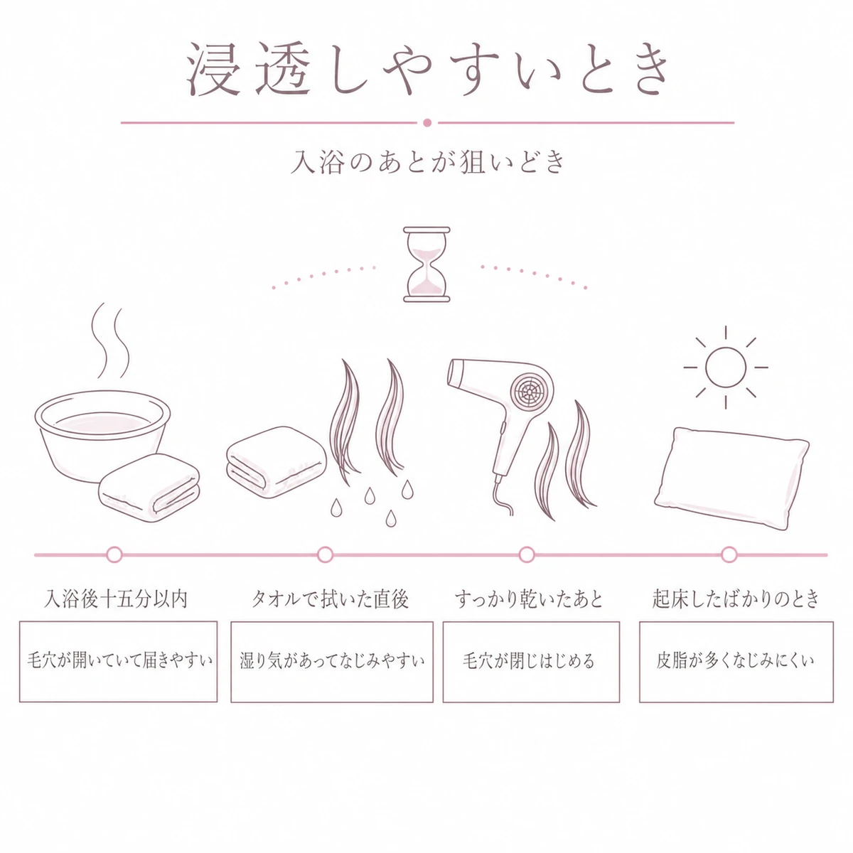 入浴の直後から乾いた頭皮、翌朝までの浸透しやすさの移り変わりを帯で描いた線画イラスト