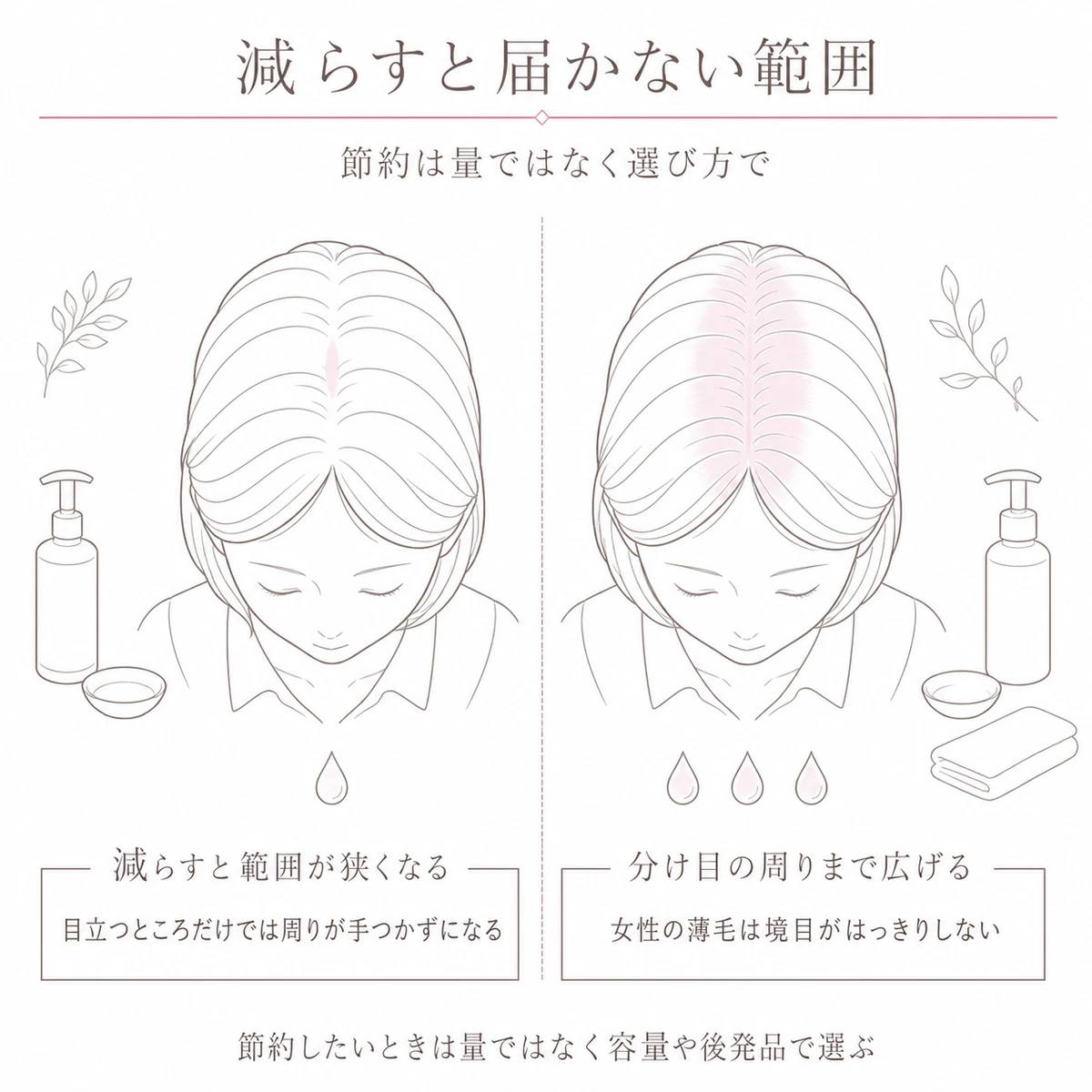 少なめに塗った頭と適量を塗った頭で広がる範囲の差を左右に並べた線画イラスト