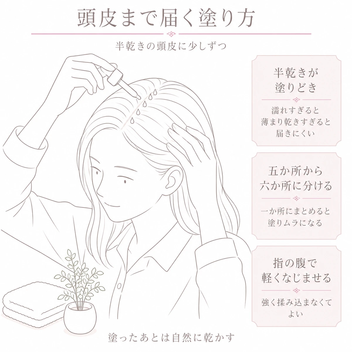 分け目に沿って少しずつ育毛剤を落とす女性を大きく描いた線画イラスト