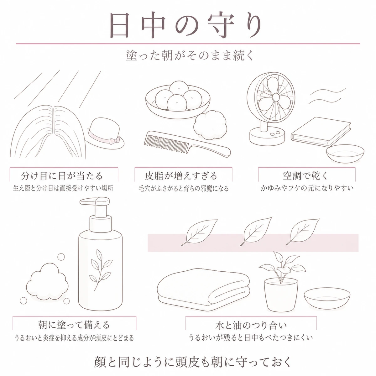上段に日差しと皮脂と乾燥の三つのダメージ、下段に朝の一塗りが残す守りを並べて対比した線画イラスト