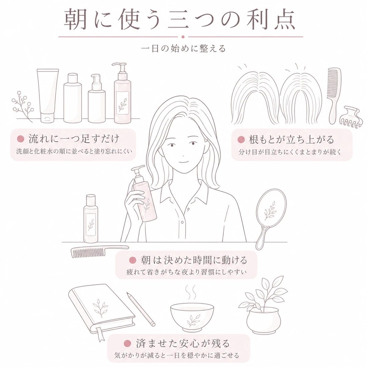 洗面の前で育毛剤を手にした女性を中央に、朝の流れと根もとの立ち上がりと安心感を小図で添えた線画イラスト