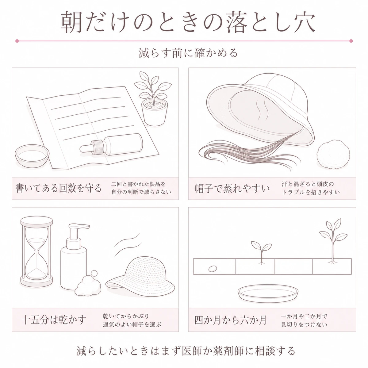 添付文書と帽子の蒸れ、乾かす時間と四か月から六か月の目安という四つの注意点を区画に分けた線画イラスト