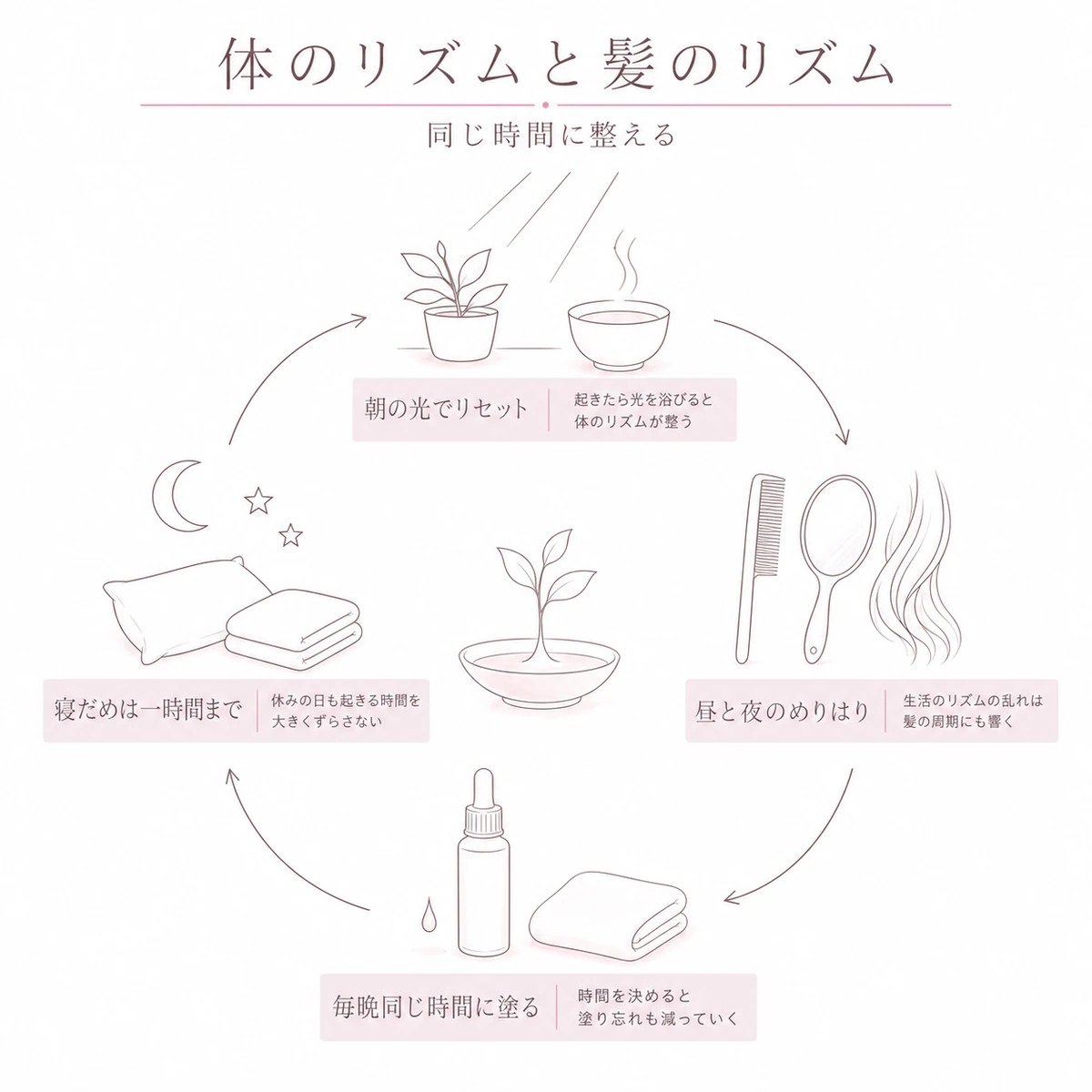 朝の光と日中と夜の塗布と深い眠りが一周する輪を描き、毎晩同じ時間に塗る習慣を表した線画イラスト
