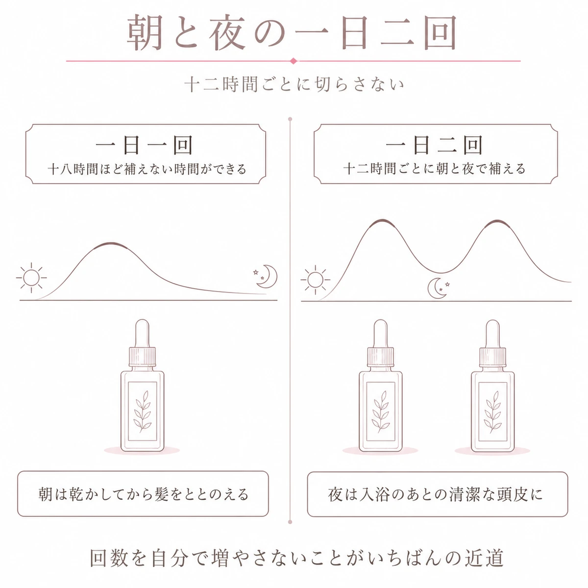 一日一回と一日二回で有効成分の届き方が変わることを帯と山なりの線で比べたイラスト
