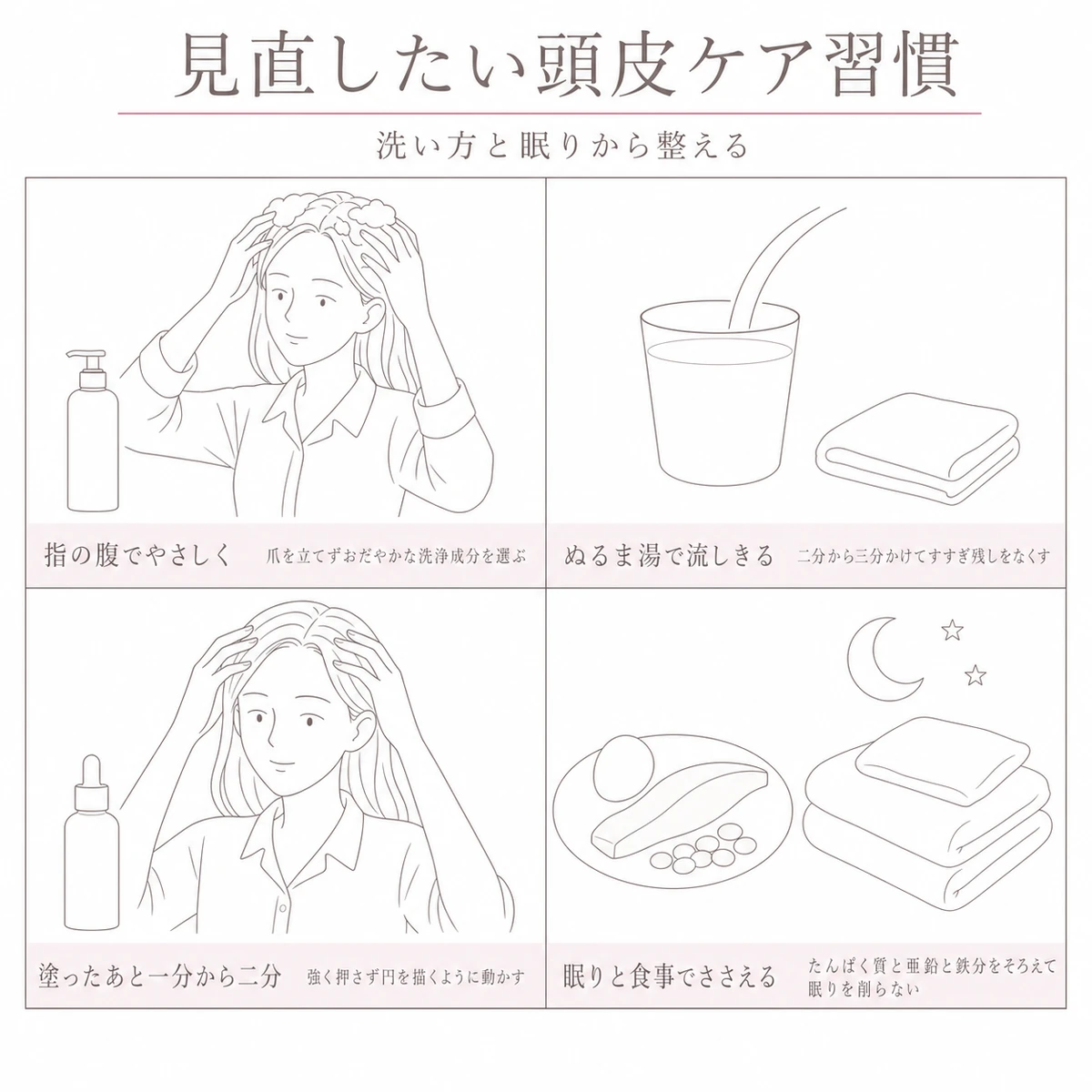 やさしい洗髪とすすぎ、塗布後のマッサージ、眠りと食事という四つの頭皮ケア習慣を並べたイラスト