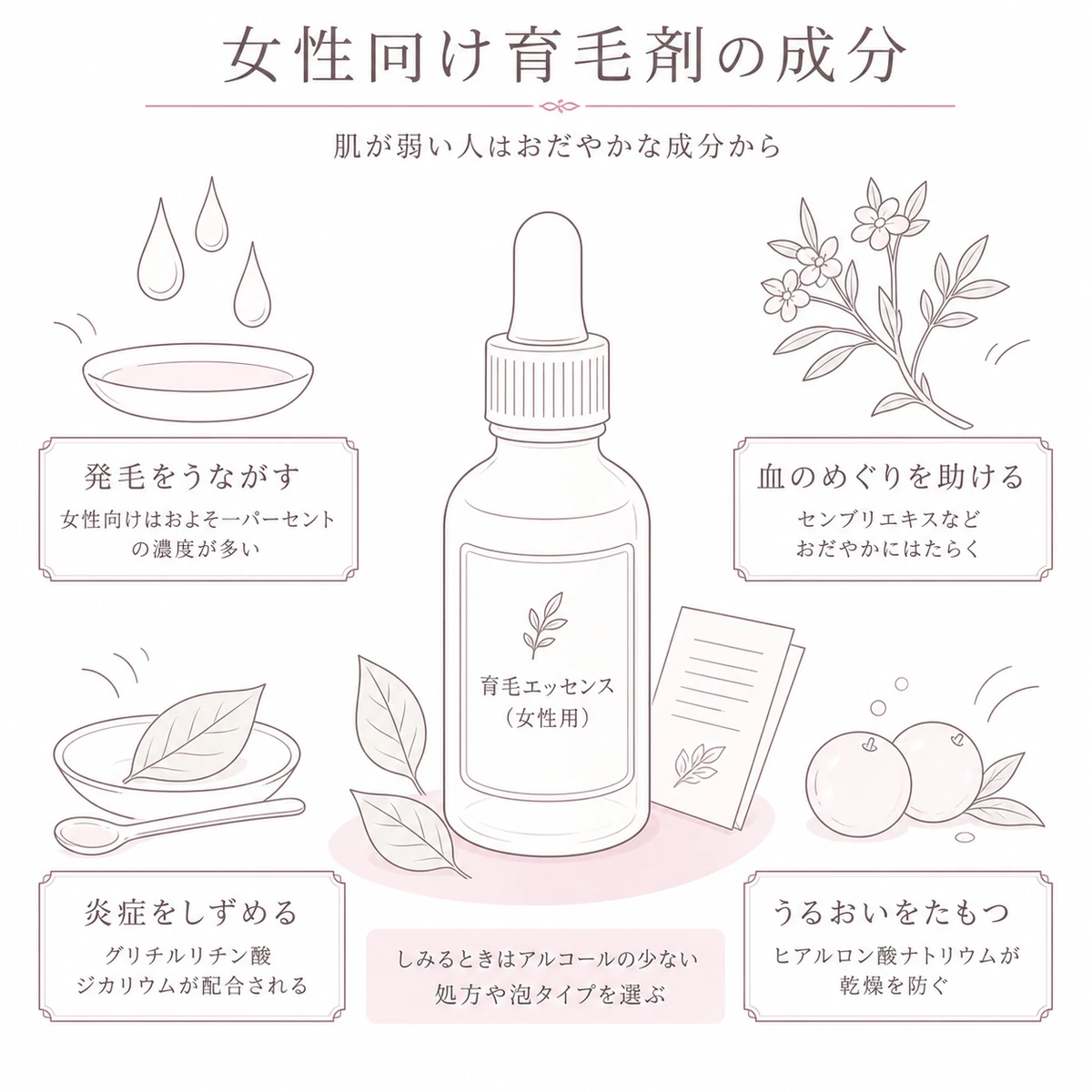 育毛剤の容器を中心に発毛や血行促進、抗炎症、保湿の代表的な成分を四方に並べたイラスト