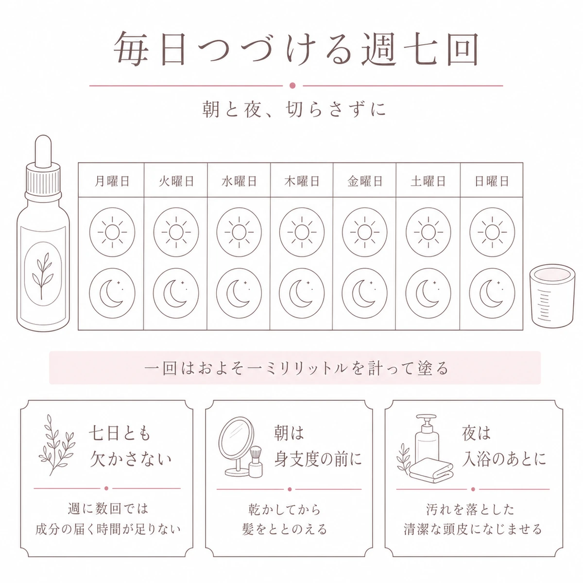 一週間の帯に朝と夜の塗布を並べて毎日の継続が基本であることを描いた図解イラスト