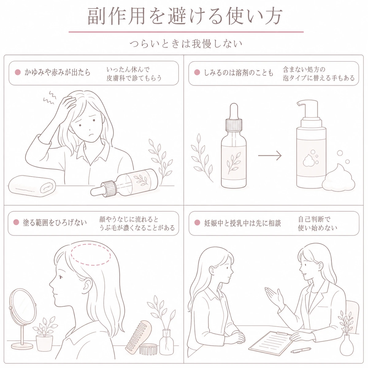 かゆみや溶剤、塗る範囲、妊娠中の相談という副作用を避ける四つの心得を並べたイラスト