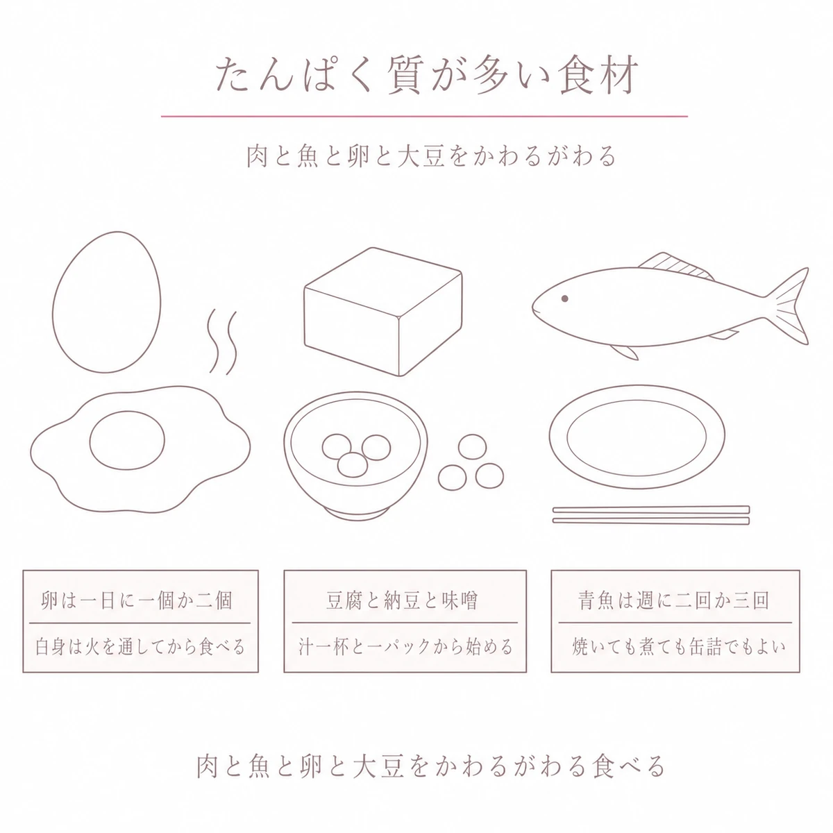 卵と大豆製品と青魚を横に並べてたんぱく質の摂り方を描いたイラスト