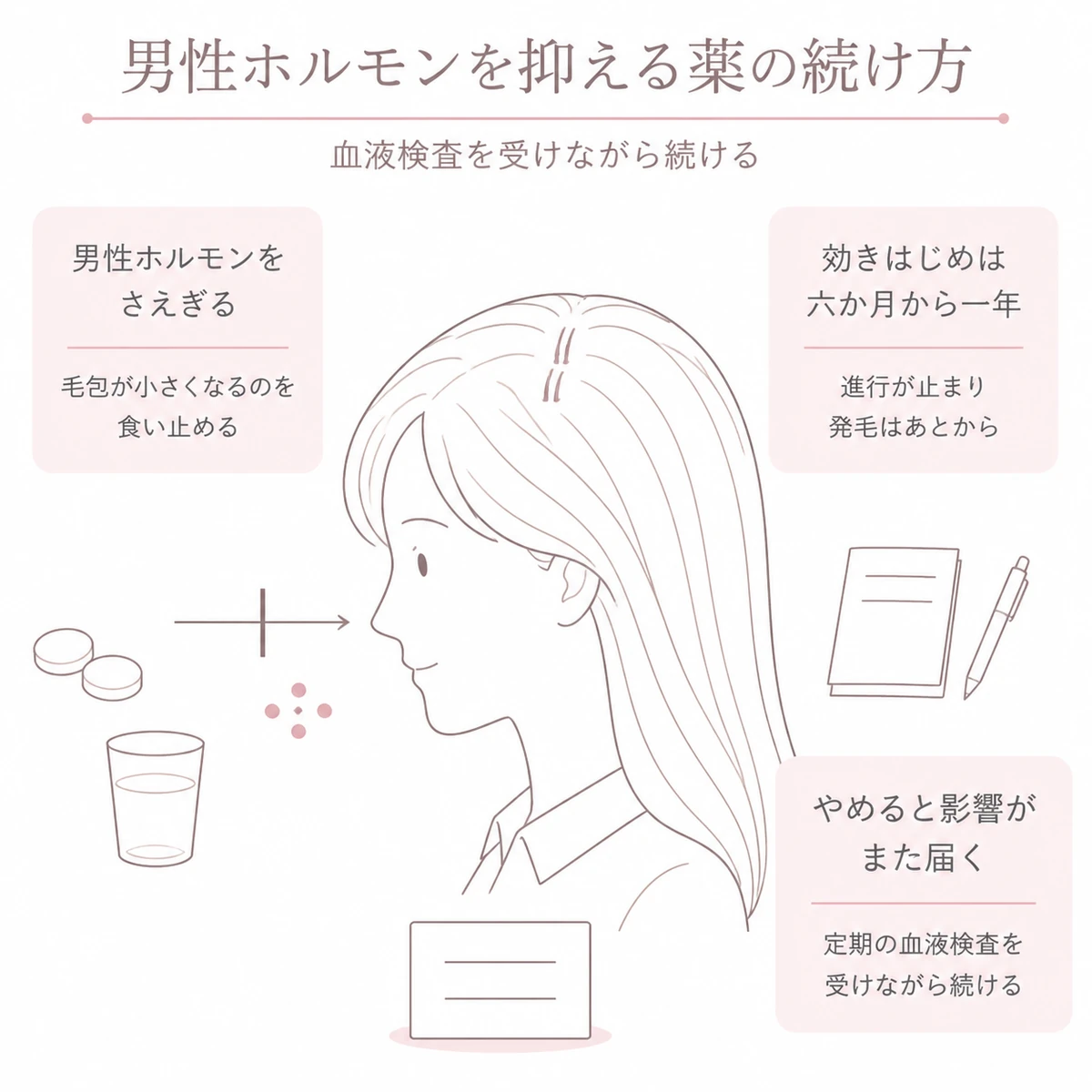 スピロノラクトンが男性ホルモンの影響をさえぎる仕組みと中断後に再び進む経過を中央の図と三枚のカードで表したイラスト