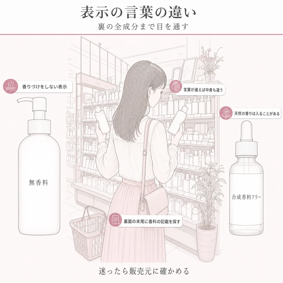 無香料と合成香料フリーの表示を店頭で見比べる場面を描いた線画イラスト