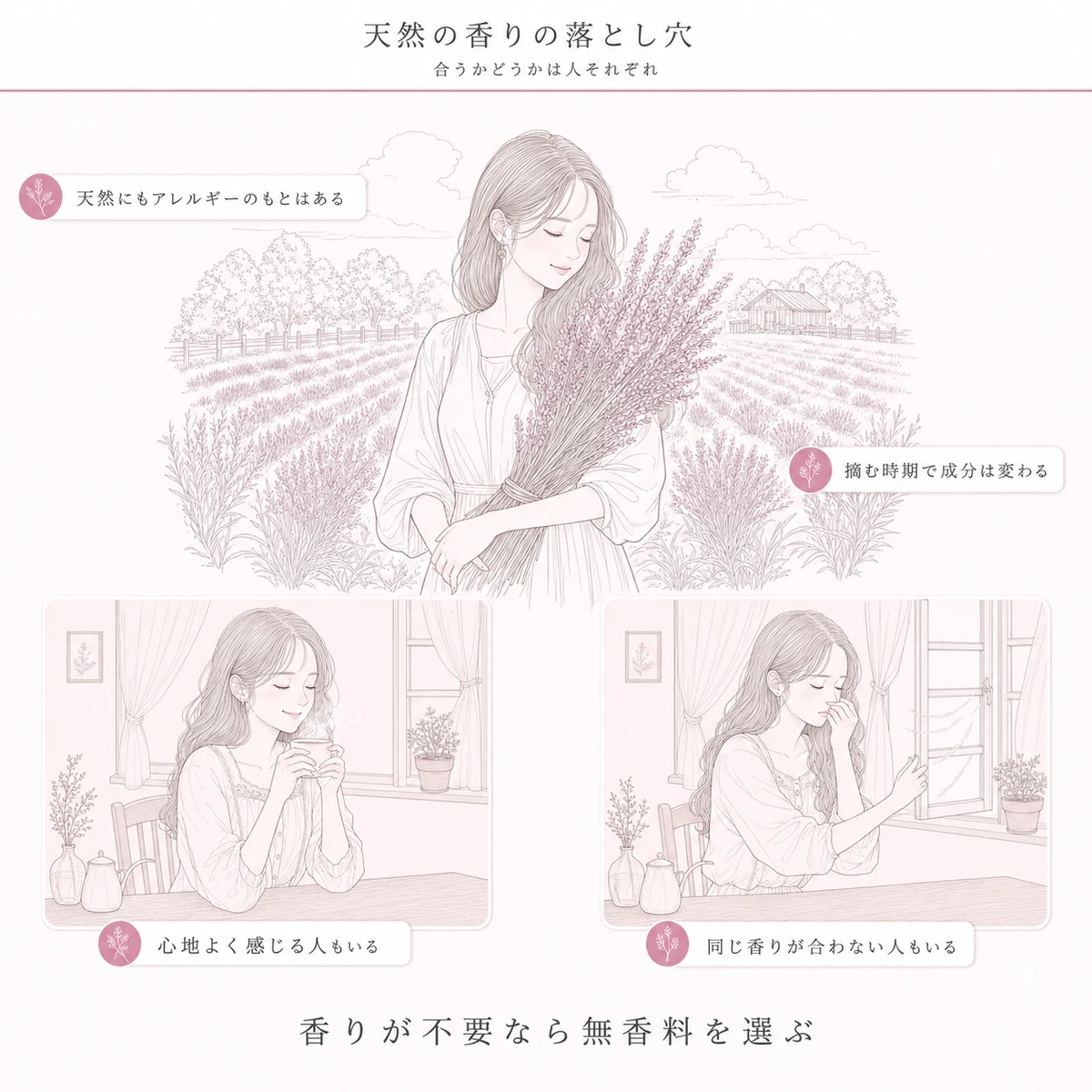 天然精油の香りが人によって受け取り方の違う様子を描いた線画イラスト