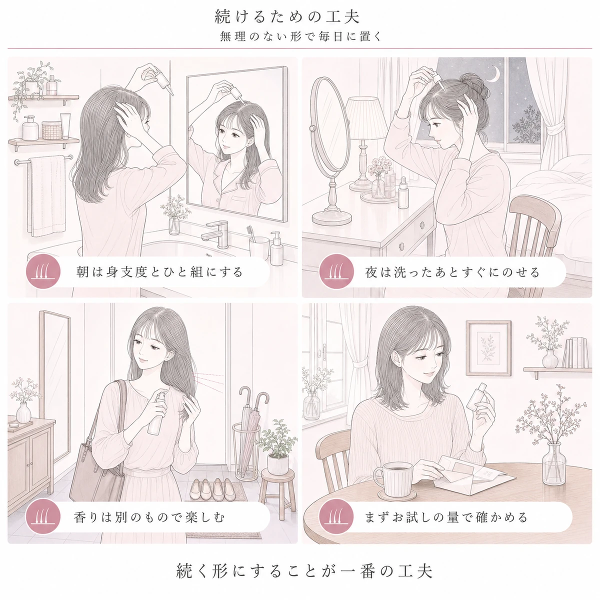 無香料の育毛剤を毎日のくらしに取り入れる四つの場面を描いた線画イラスト