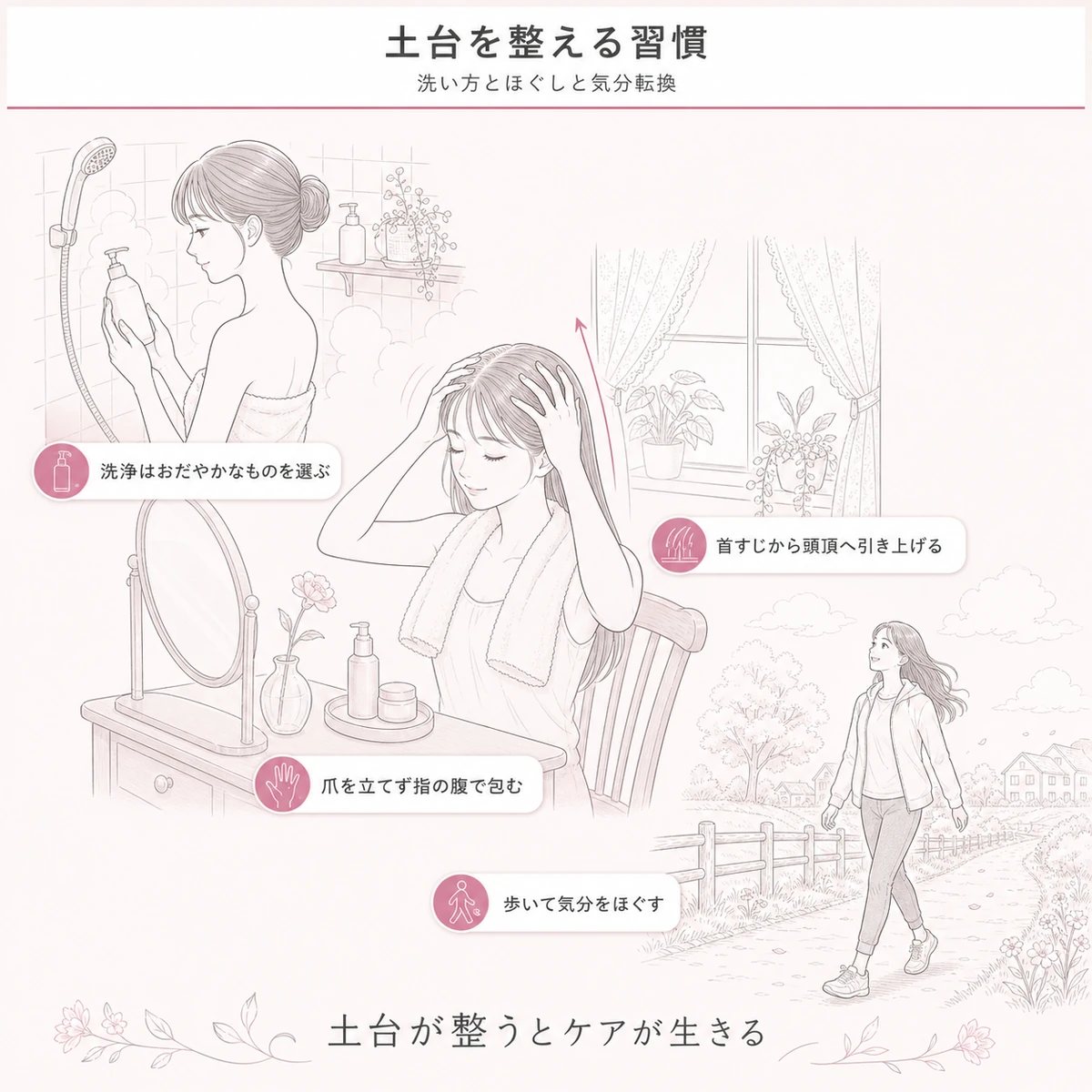 洗い方とマッサージと気分転換で頭皮環境を整える場面を描いた線画イラスト