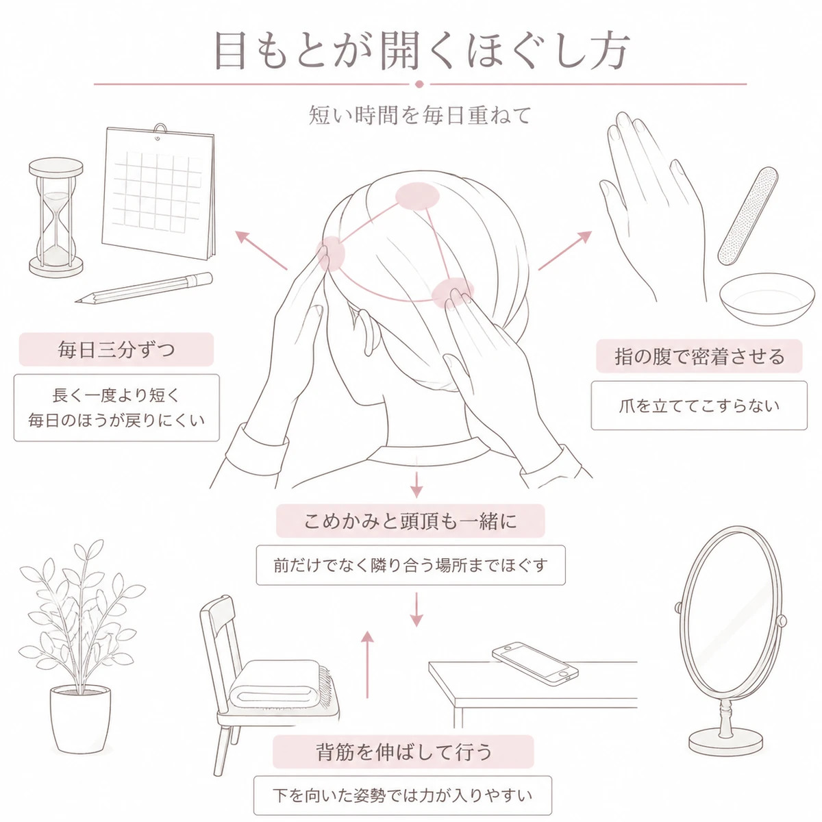 額から側頭部と頭頂まで一緒にほぐすやり方と、時間や指の使い方、姿勢のコツを中央と周囲に配したイラスト