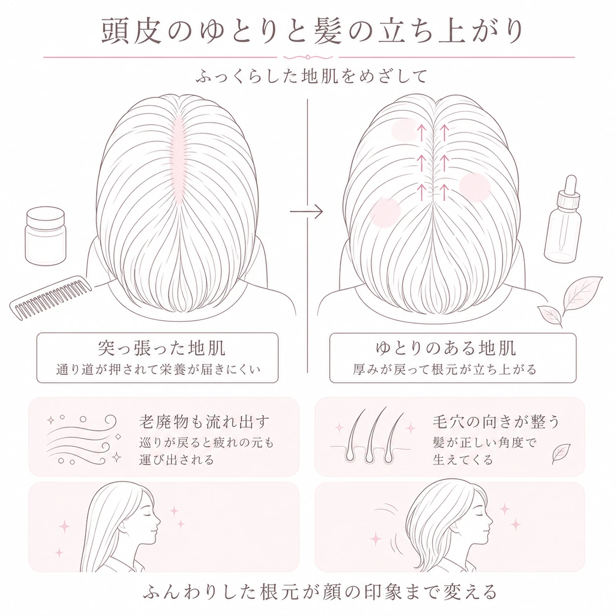 突っ張った地肌とゆとりの戻った地肌を左右に並べ、根元の立ち上がりの違いを表したイラスト