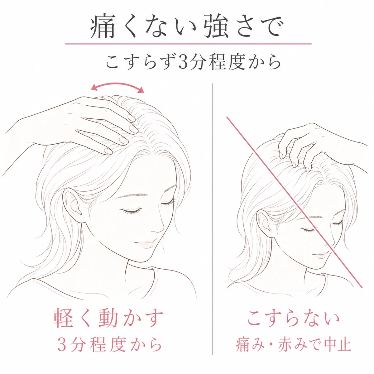 指の腹で頭皮を軽く動かす方法と、爪を立ててこする刺激を避けることを比較した線画図解