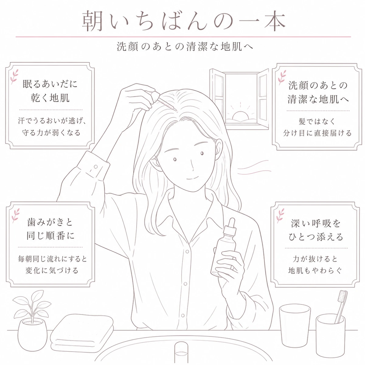 洗面台の前で分け目を開いて育毛剤を使う女性を大きく描いた朝の習慣のイラスト