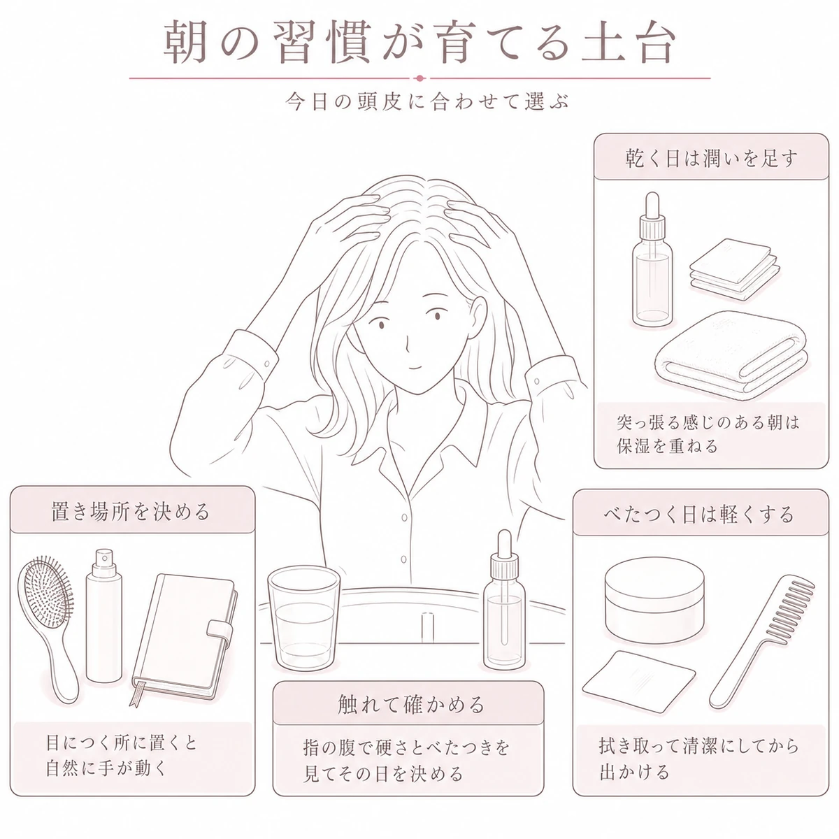 起床後に頭皮の状態を指で確かめ、その日の朝のケアを選ぶ様子を表したイラスト