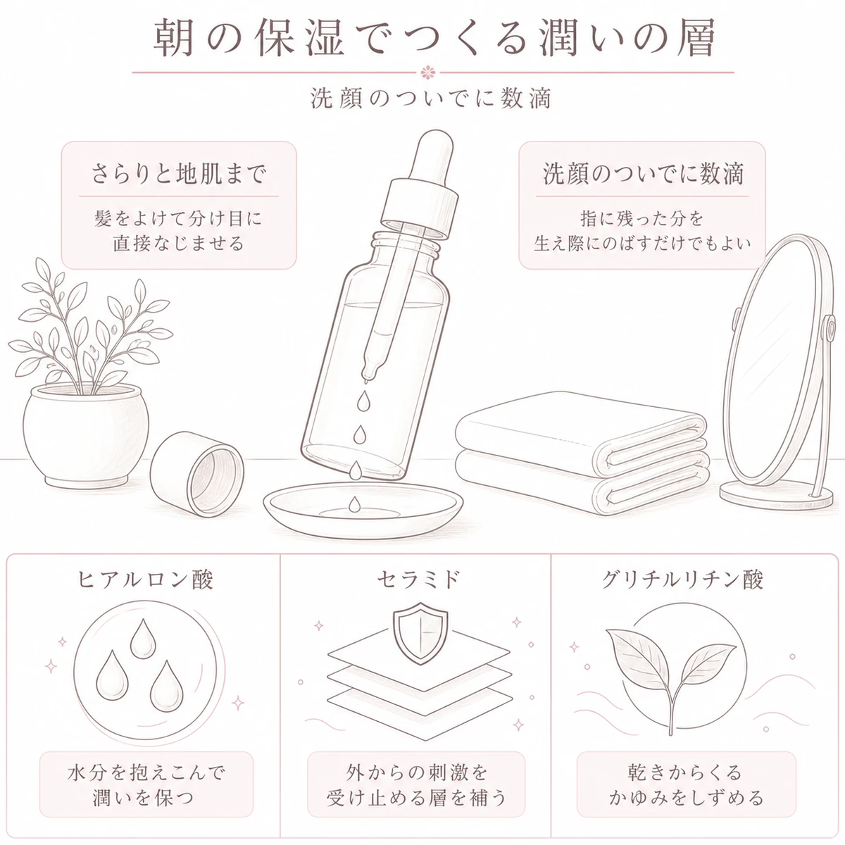 頭皮用の美容液の使い方と保湿成分の働きを上下二段に分けて描いた図解イラスト