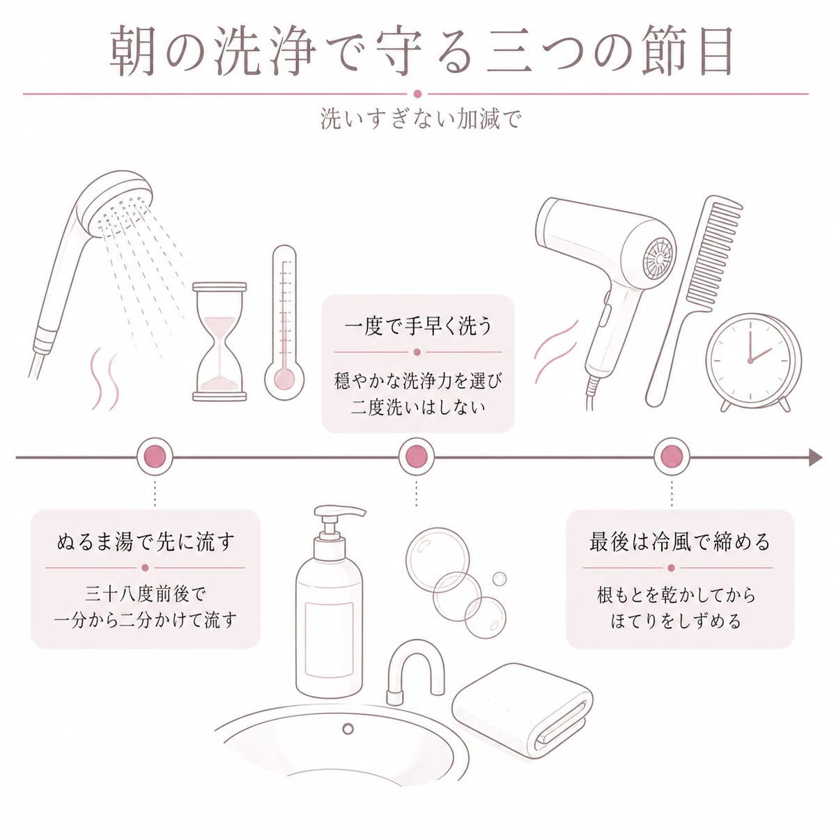 予洗いから洗髪、冷風仕上げまでの朝の洗い方の流れを時系列で表したイラスト