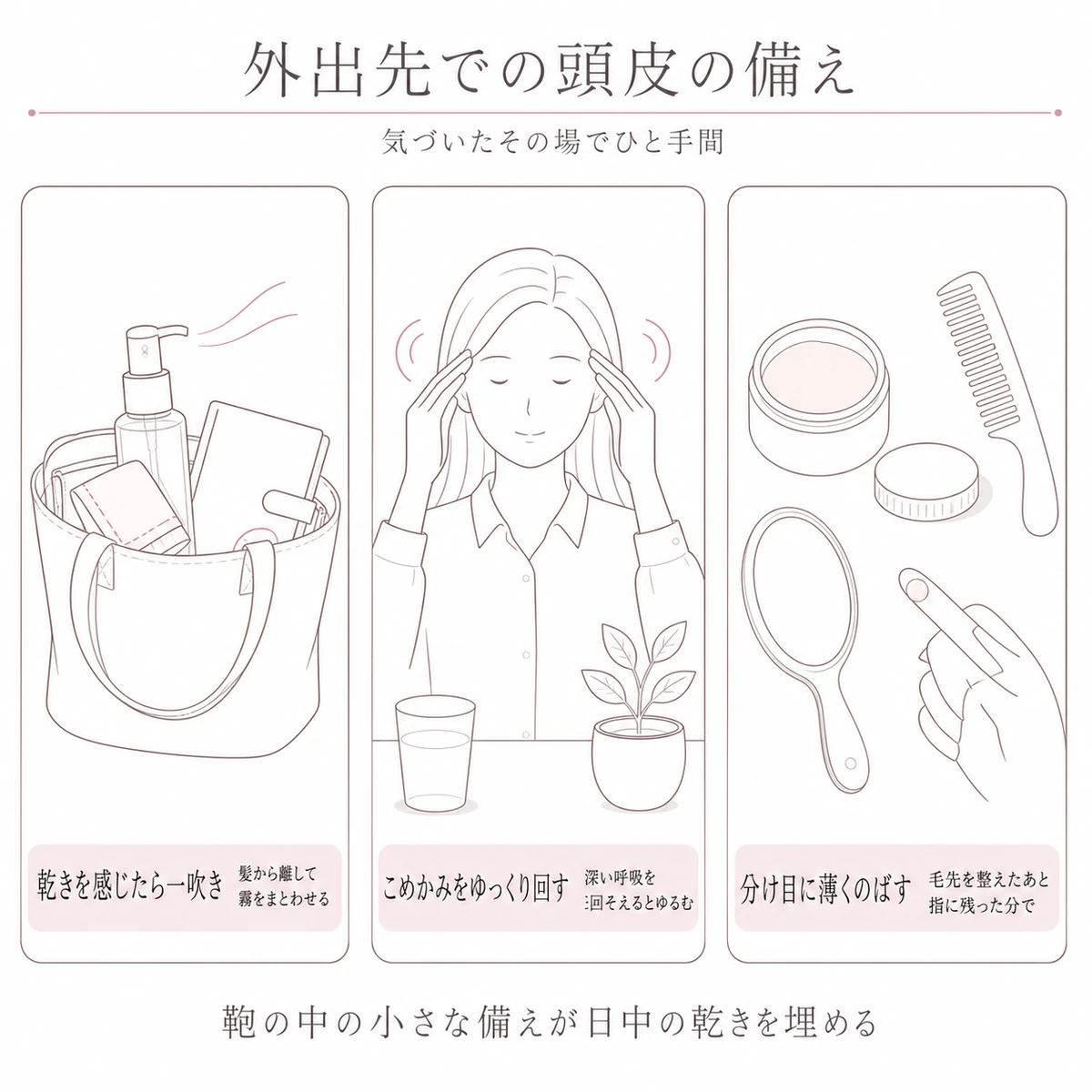 外出先で使う保湿ミストとヘアバーム、こめかみをほぐす方法を三つ横に並べて表したイラスト