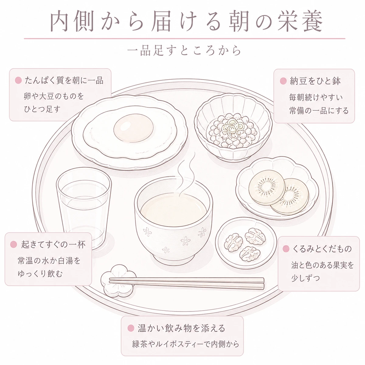 髪を育てる朝食の一品と水分補給を一つの膳にまとめて描いたイラスト