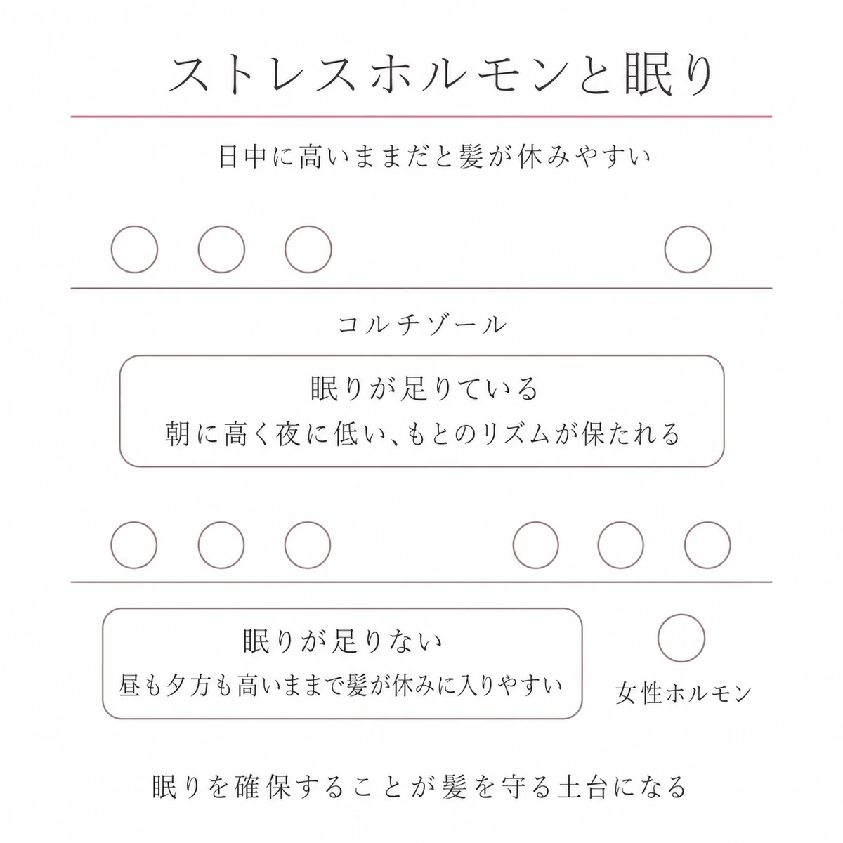 眠りが足りている日と足りない日でストレスホルモンの高さが変わる様子を上下二段で表したイラスト