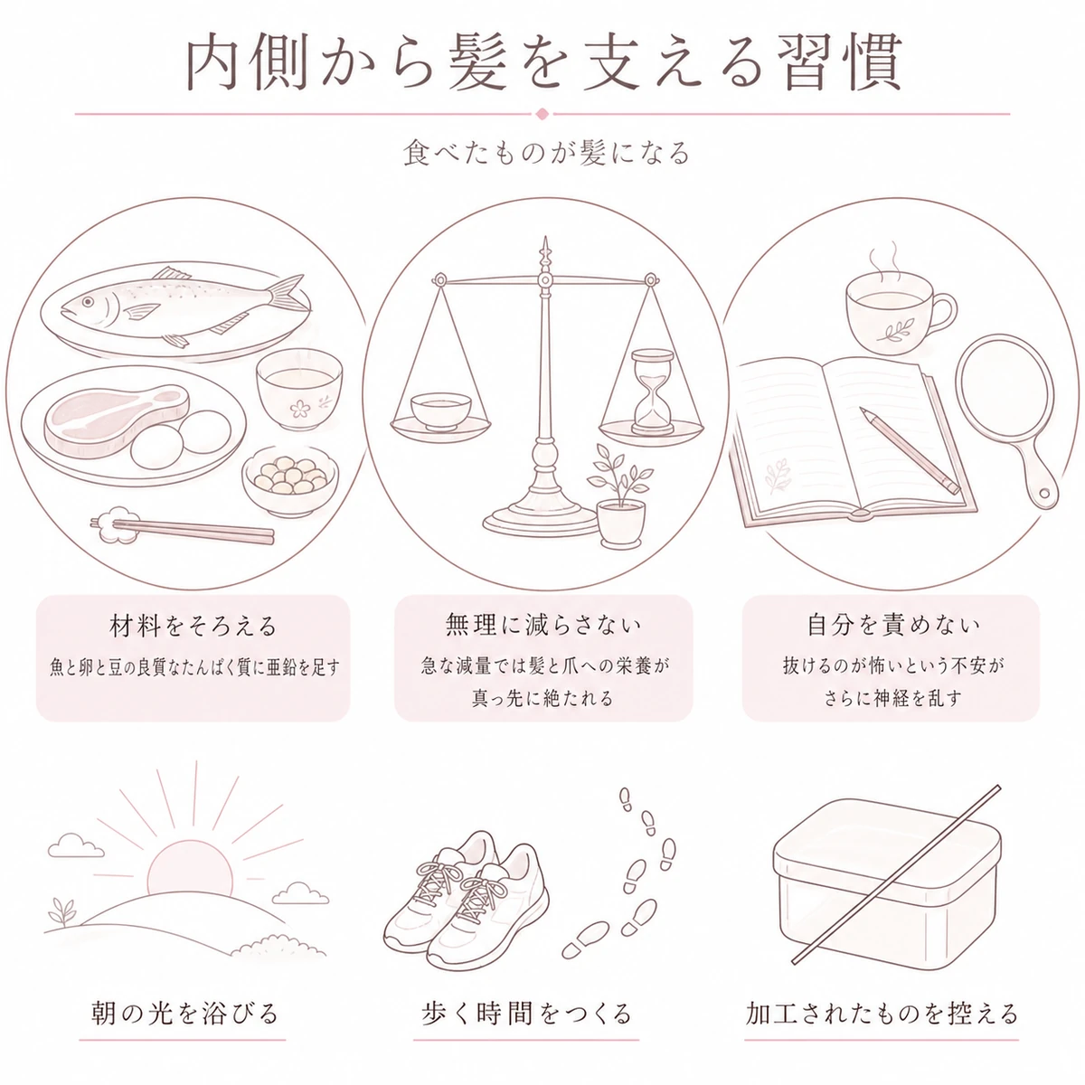 食卓の器と天秤と手帳を三つの丸に描き分け、栄養と食べ方と心の持ち方をつなげた図解イラスト