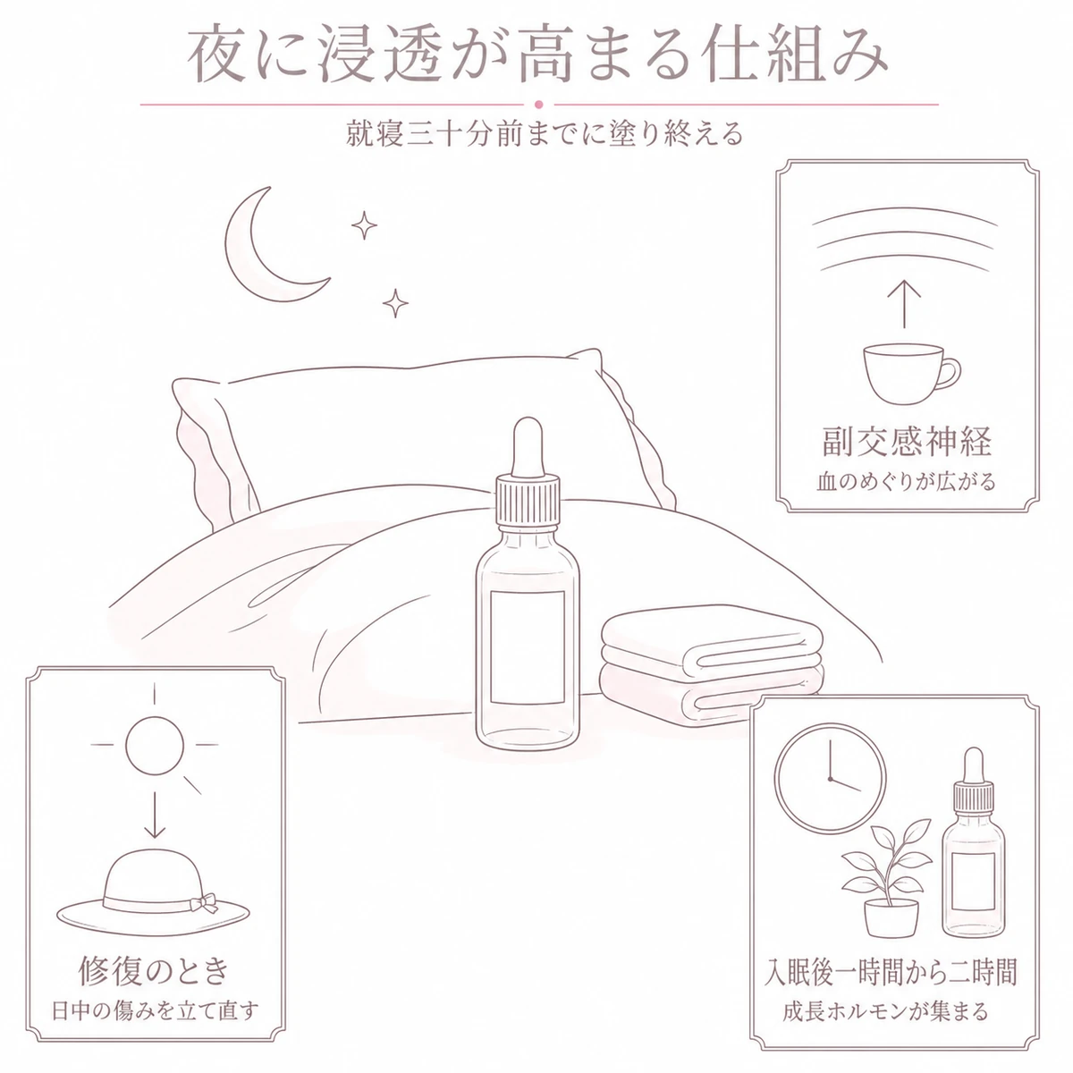 夜の頭皮で起きている血流と修復の変化を中心の場面と三つの小さな図で表したイラスト