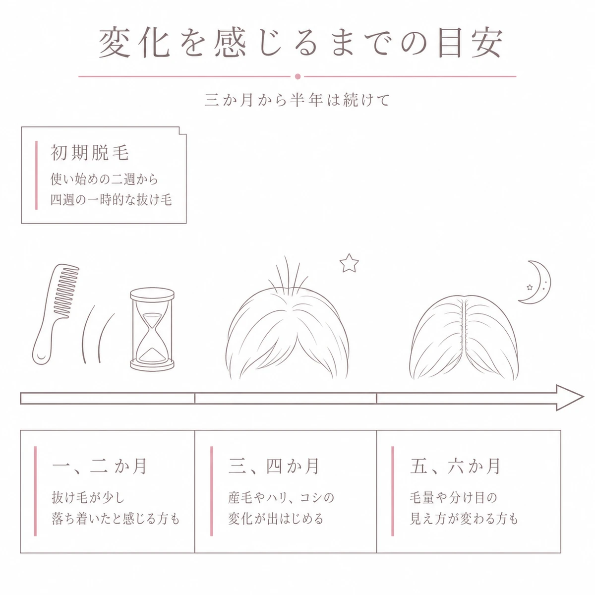 育毛剤を使い続けたときの髪の変化を月ごとの帯にそって描いた図解イラスト