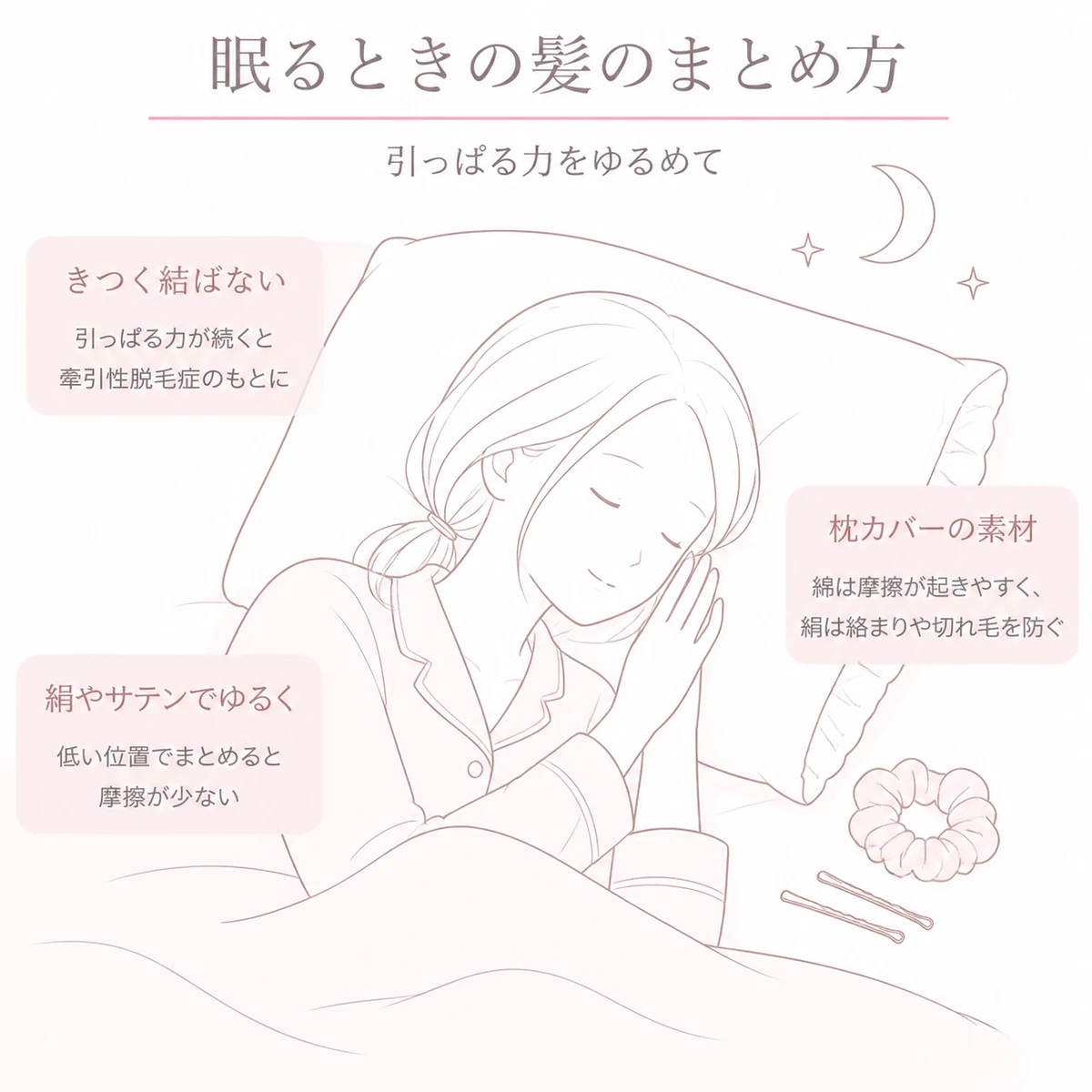 就寝時に髪をゆるくまとめて眠る様子と枕まわりの工夫を大きく描いたイラスト