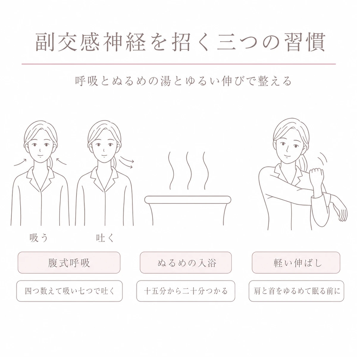 腹式呼吸とぬるめの入浴と軽い伸ばしを横に並べて副交感神経を高める習慣を表した図