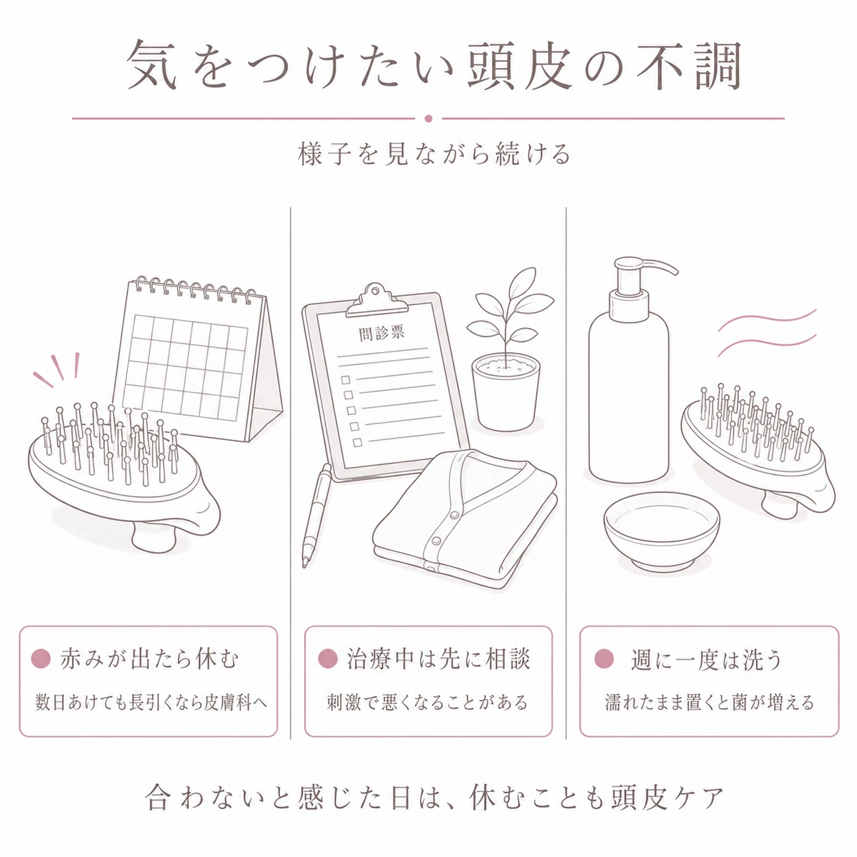 赤みや衛生管理などブラシを使うときの注意点を三つ並べた線画イラスト