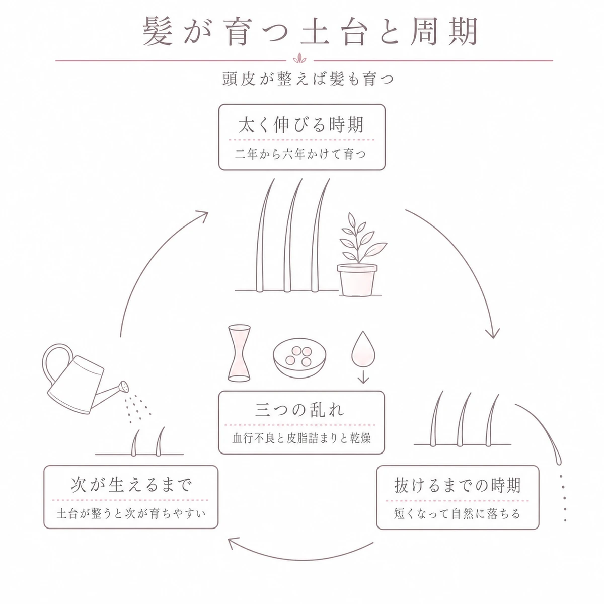 髪の成長周期の一巡りと頭皮に起きる三つの乱れを輪で描いた線画イラスト