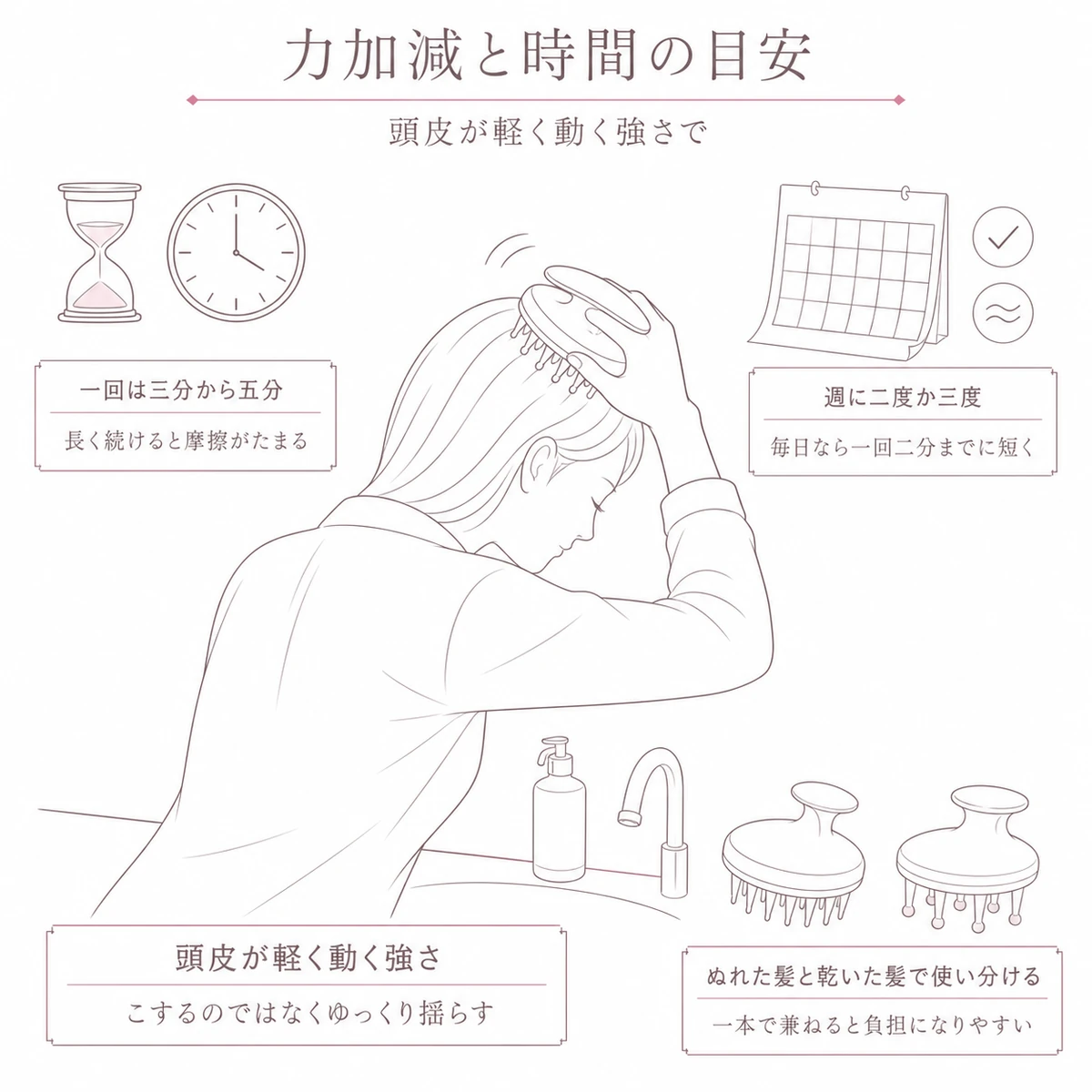 洗面台で頭皮をブラシでほぐす女性と時間や頻度の目安を添えた線画イラスト