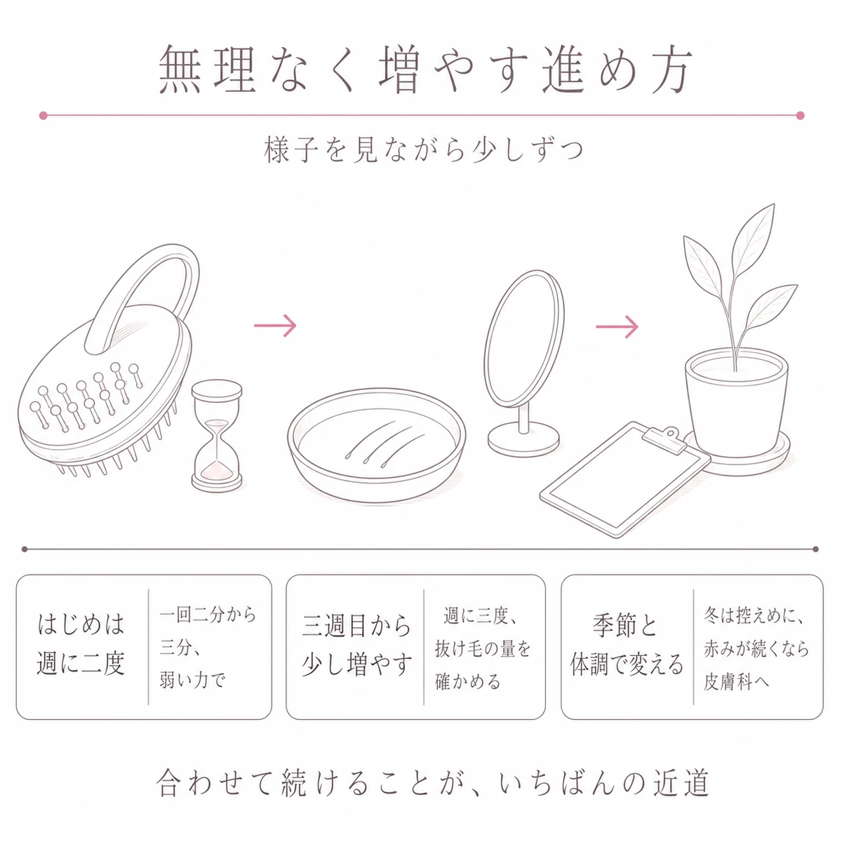 週に二度から始めて少しずつ増やすスカルプブラシの進め方を左から右へ並べた線画イラスト